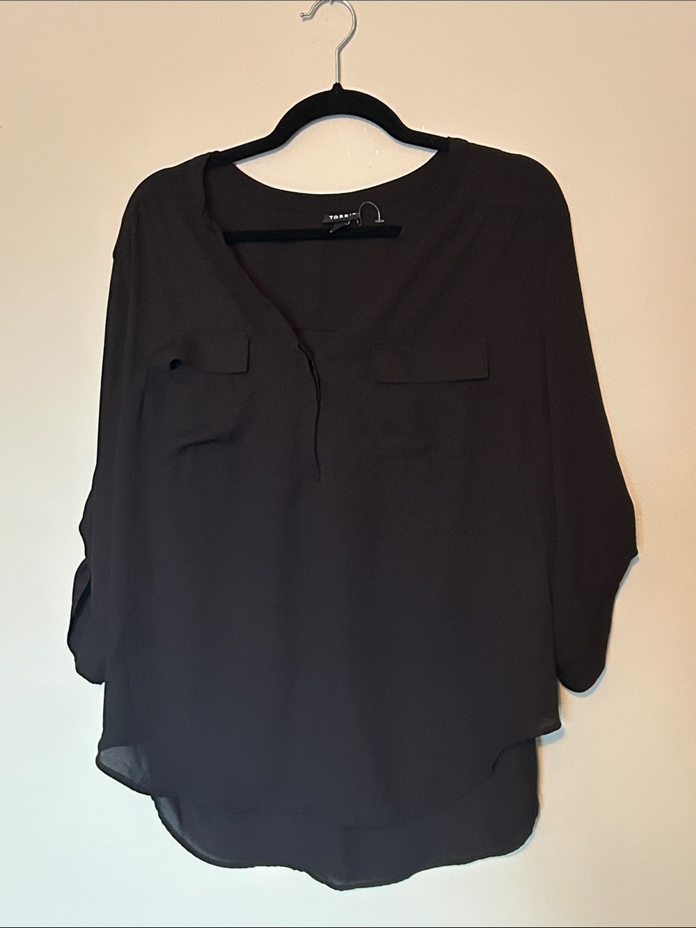 torrid Black Sheer V-Neck Blouse with Roll Tabs